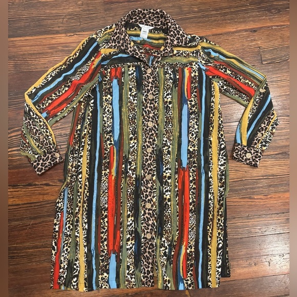John Mark Women Leopard Abstract Button Down Shirt Dress Sz M Roll Tab Sleeve - Picture 1 of 9